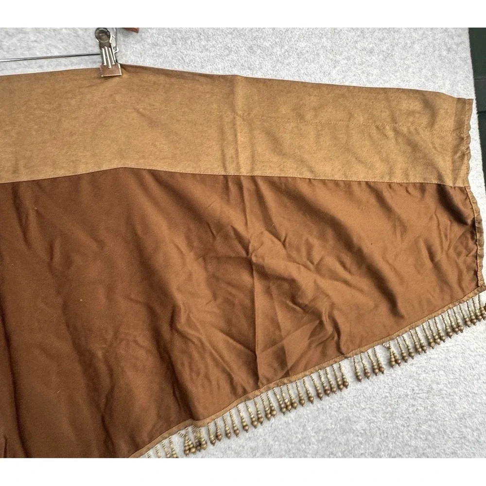 Vintage Faux Suede Beaded Curtain Valance Panels Set of 2 Brown Wood Bead Fringe